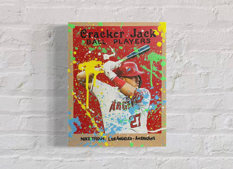 Mike Trout Cracker Jack, 2022. 1/1 Original Mixed Media on 11X14 Wood Panel