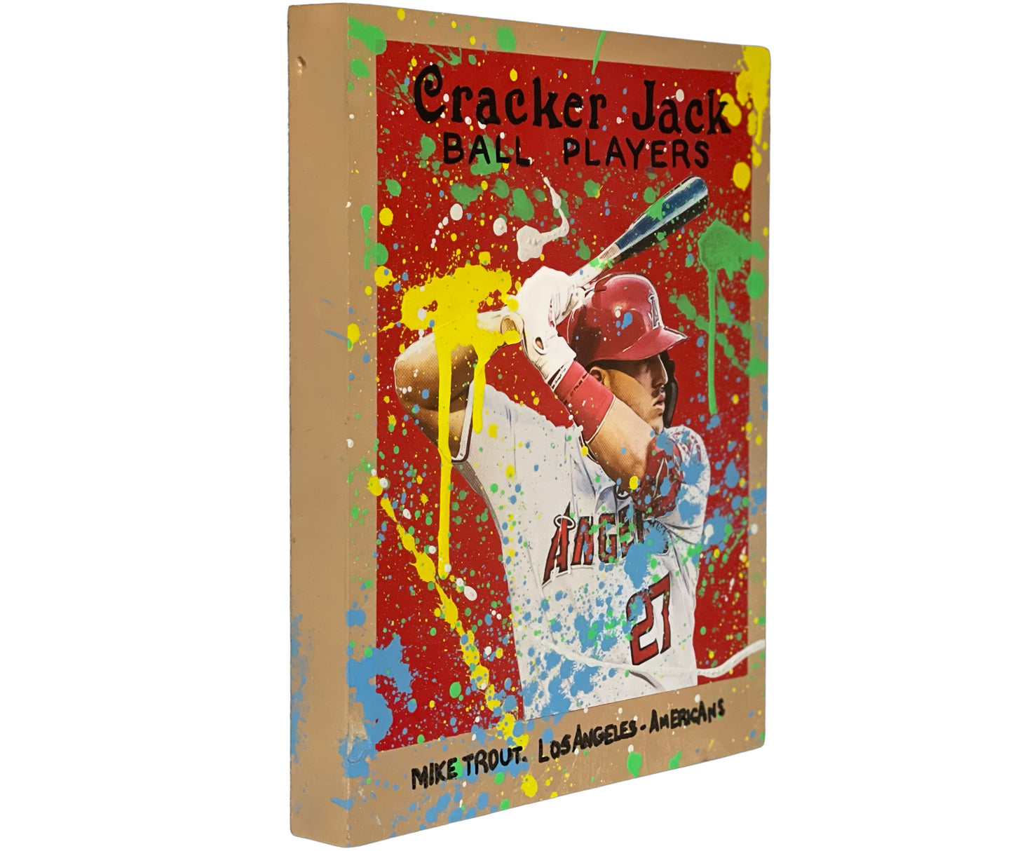 Mike Trout Cracker Jack, 2022. 1/1 Original Mixed Media on 11X14 Wood Panel
